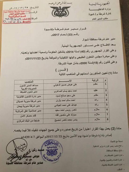 تعيينات في مناصب امنية من مدير عام شرطة شبوة