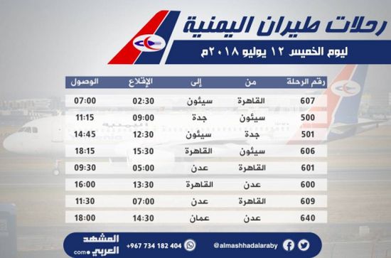 مواعيد رحلات طيران اليمنية اليوم  الخميس 12 يوليو  