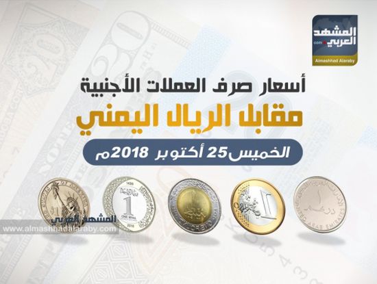 أسعار صرف العملات الأجنبية مقابل  الريال اليمني وفقاً لتعاملات  اليوم الخميس 25  أكتوبر