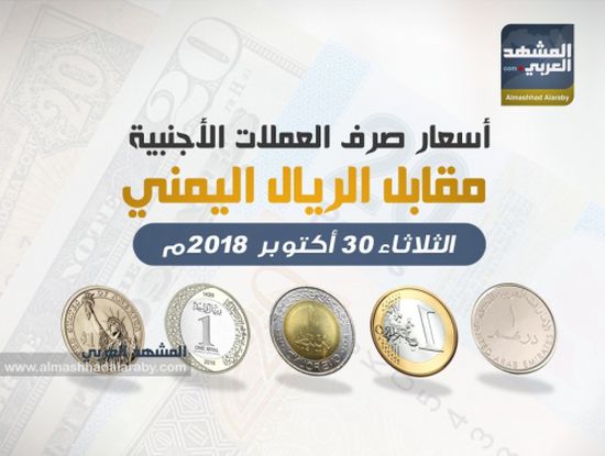 أسعار صرف العملات الأجنبية مقابل الريال اليمني وفقاً لتعاملات اليوم الثلاثاء 30  أكتوبر 2018 (انفوجرافيك)
