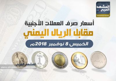 أسعار صرف العملات الأجنبية أمام الريال اليمني وفقاً لتعاملات اليوم الخميس 8 نوفمبر 2018