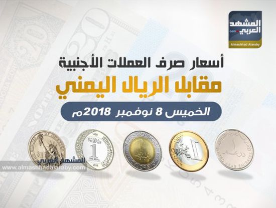 أسعار صرف العملات الأجنبية أمام الريال اليمني وفقاً لتعاملات اليوم الخميس 8 نوفمبر 2018