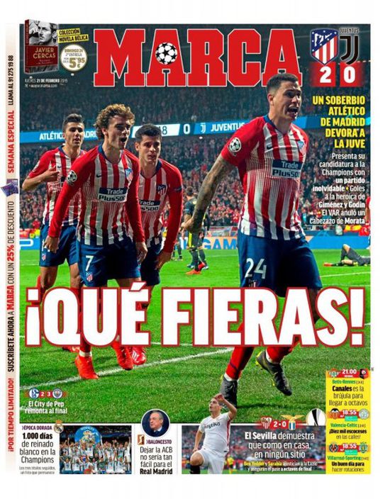 الصحف الإسبانية تحتفل بفوز أتلتيكو مدريد ضد يوفنتوس