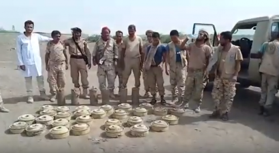 القوات المشتركة تفكك كميات من الألغام الحوثية في منطقة المسناء بالحديدة (فيديو)
