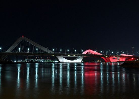 جسر الشيخ زايد يضئ بألوان علم مصر احتفاء بزيارة السيسي
