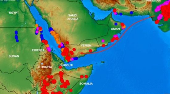 خريطة توضح أماكن تواجد الجراد باليمن والسعودية