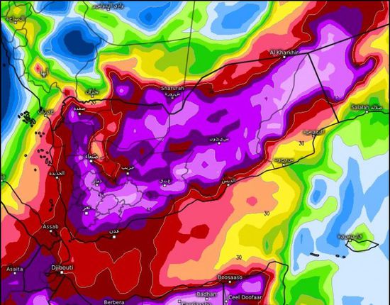 أمطار رعدية غزيرة على حضرموت وشبوة والمهرة