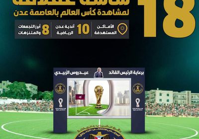 برعاية الرئيس الزُبيدي.. 18 شاشة عملاقة تنقل فعاليات كأس العالم بعدن