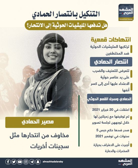 التنكيل بانتصار الحمادي.. هل تدفعها المليشيا الحوثية إلى الانتحار؟ (إنفوجراف)