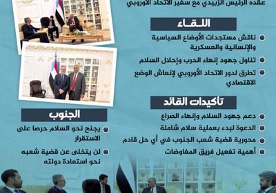 لقاء الرئيس الزُبيدي وسفير الاتحاد الأوروبي.. الجنوح للسلام محورية القضية (إنفوجراف)