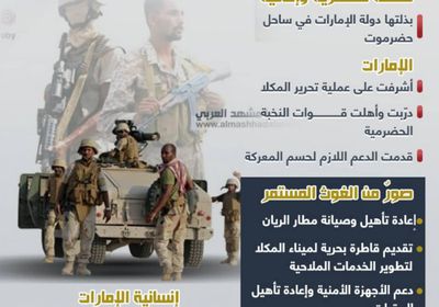 الإمارات وتحرير "المكلا".. إنجازات لم تتوقف عند الملحمة العسكرية (إنفوجراف)