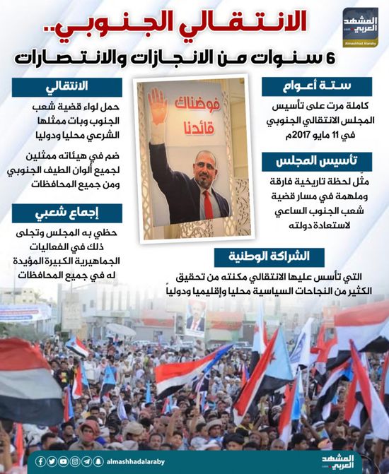 الانتقالي الجنوبي.. 6 سنوات من الإنجازات والانتصارات (إنفوجراف)