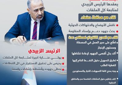 اجتماعات الرئيس الزُبيدي.. يد للتحسين المعيشي وأخرى لكبح جماح الإرهاب (إنفوجراف)