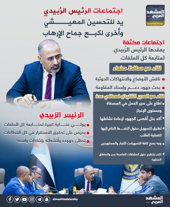 اجتماعات الرئيس الزُبيدي.. يد للتحسين المعيشي وأخرى لكبح جماح الإرهاب (إنفوجراف)