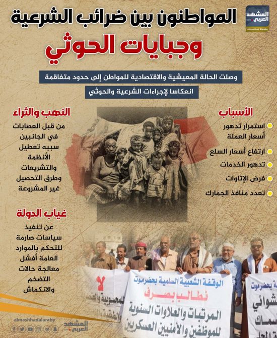 المواطنون بين ضرائب الشرعية وجبايات الحوثي (إنفوجراف)
