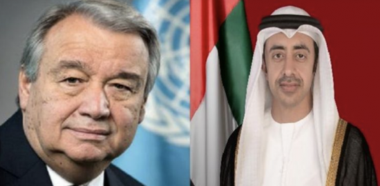 هاتفيًا.. عبدالله بن زايد وغوتيريش يبحثان الأوضاع الإنسانية في غزة