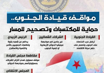 مواقف قيادة الجنوب.. حماية للمكتسبات وتصحيح للمسار (إنفوجراف)