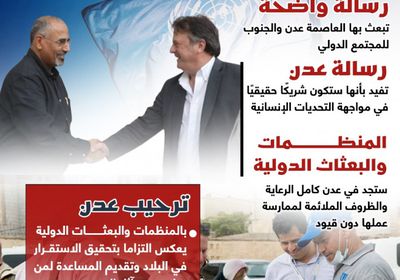 عدن ترحب بالمجتمع الدولي.. شراكة لمواجهة التحديات الإنسانية (إنفوجراف)