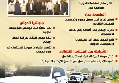 نقل مقار المنظمات الدولية للعاصمة عدن.. فرصة مواتية وشراكة مجدية (إنفوجراف)