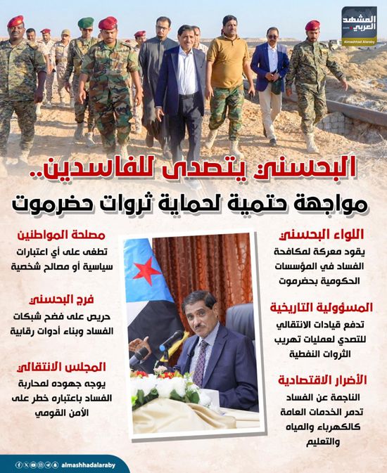 البحسني يتصدى للفاسدين.. مواجهة حتمية لحماية ثروات حضرموت (إنفوجراف)