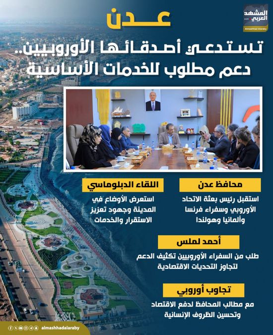 عدن تستدعي أصدقائها الأوروبيين.. دعم مطلوب للخدمات الأساسية (إنفوجراف)