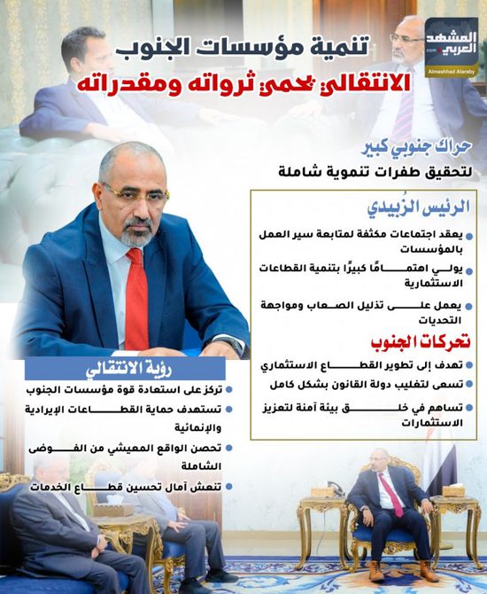 تنمية مؤسسات الجنوب.. الانتقالي يحمي ثرواته ومقدراته (إنفوجراف)