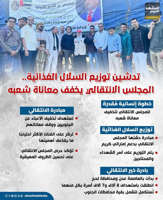 تدشين توزيع السلال الغذائية.. المجلس الانتقالي يخفف معاناة شعبه (إنفوجراف)