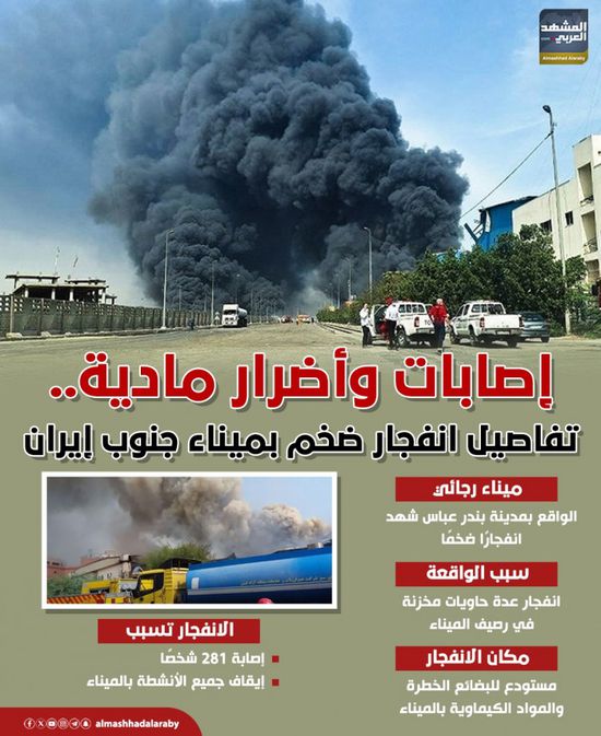 إصابات وأضرار مادية.. تفاصيل انفجار ضخم بميناء جنوب إيران (إنفوجراف)