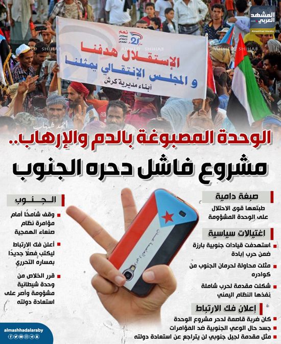 الوحدة المصبوغة بالدم والإرهاب.. مشروع فاشل دحره الجنوب (إنفوجراف)
