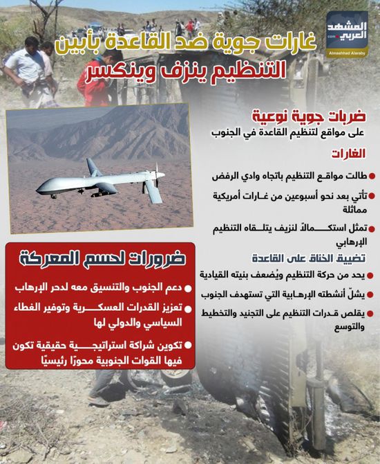 غارات جوية ضد القاعدة بأبين.. التنظيم ينزف وينكسر (إنفوجراف)