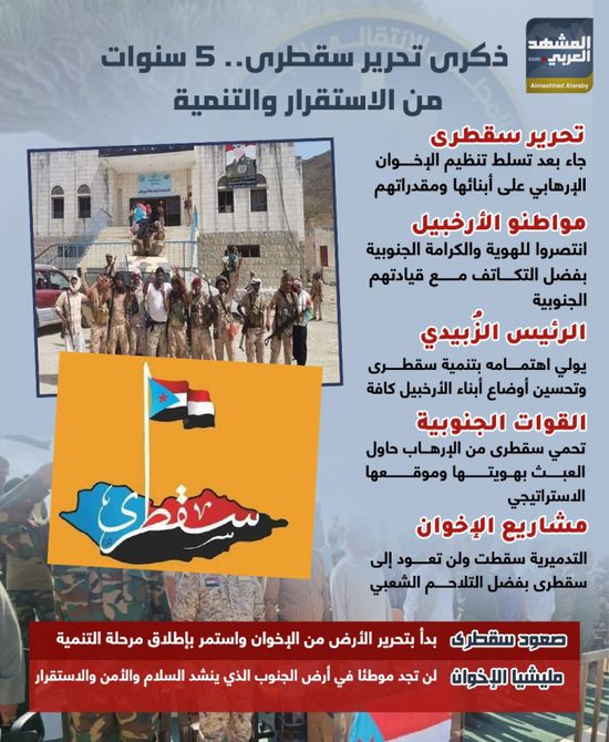 ذكرى تحرير سقطرى.. 5 سنوات من الاستقرار والتنمية (إنفوجراف)