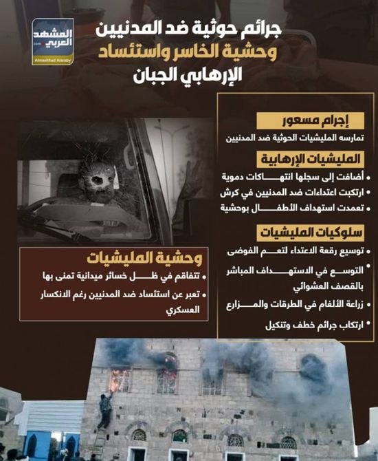 جرائم حوثية ضد المدنيين.. وحشية الخاسر واستئساد الإرهابي الجبان (إنفوجراف)