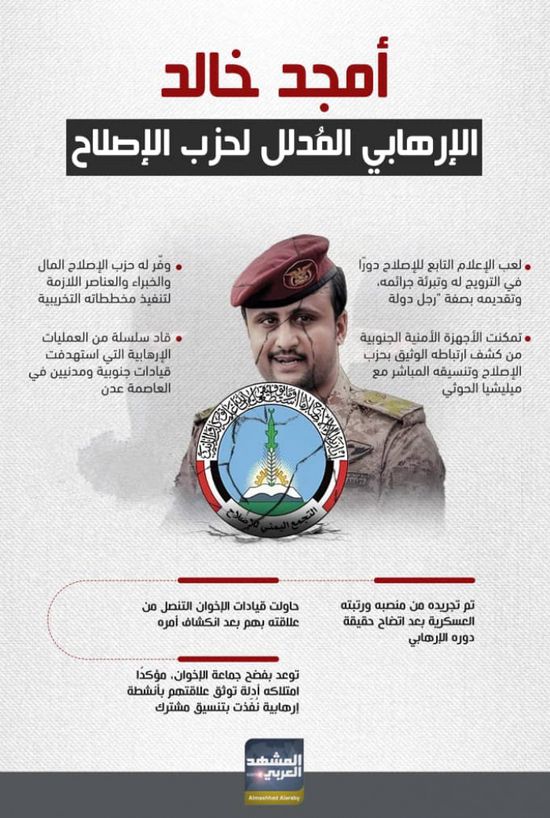 أمجد خالد.. الإرهابي المدلل لحزب الإصلاح (إنفوجراف)