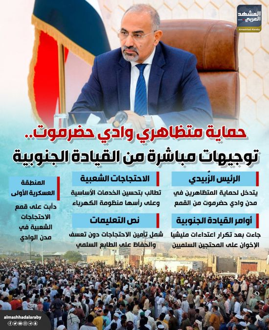 حماية متظاهري وادي حضرموت.. توجيهات مباشرة من القيادة الجنوبية (إنفوجراف)