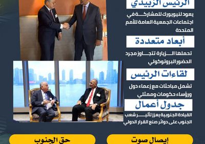 عودة الرئيس الزُبيدي للأمم المتحدة.. لقاءات قمة زعماء العالم (إنفوجراف)