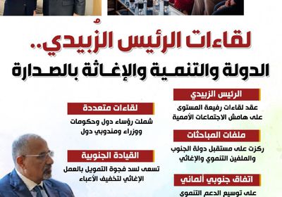 لقاءات الرئيس الزُبيدي.. الدولة والتنمية والإغاثة بالصدارة (إنفوجراف)