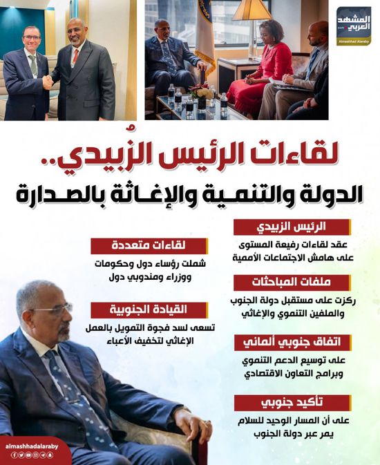 لقاءات الرئيس الزُبيدي.. الدولة والتنمية والإغاثة بالصدارة (إنفوجراف)