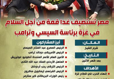 مصر تستضيف غداً قمة من أجل السلام في غزة برئاسة السيسي وترامب (إنفوجراف)