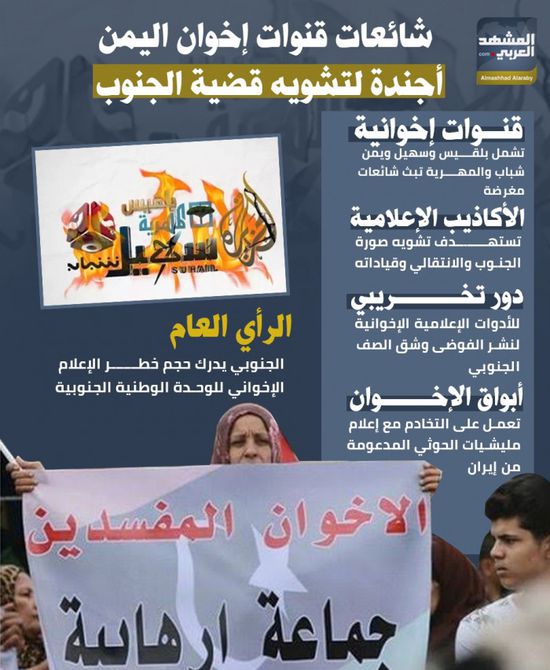 شائعات قنوات إخوان اليمن.. أجندة لتشويه قضية الجنوب (إنفوجراف)