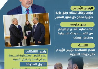 دبلوماسية الرئيس الزُبيدي.. السلام والتنمية والأمن الإقليمي (إنفوجراف)