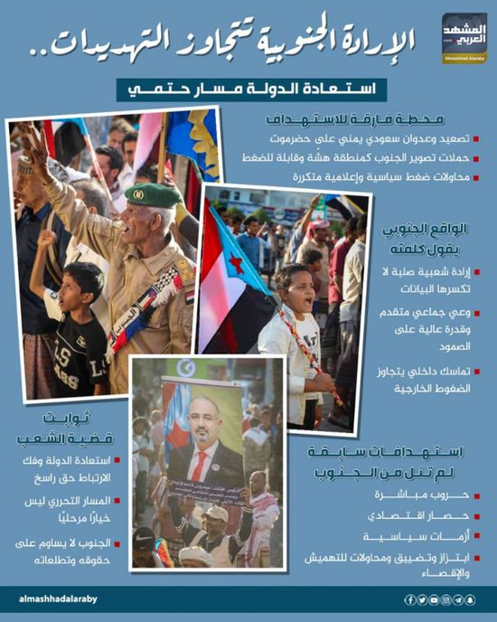 الإرادة الجنوبية تتجاوز التهديدات.. استعادة الدولة مسار حتمي (إنفوجراف)