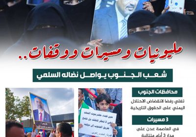 مليونيات ومسيرات ووقفات.. شعب الجنوب يواصل نضاله السلمي (إنفوجراف)