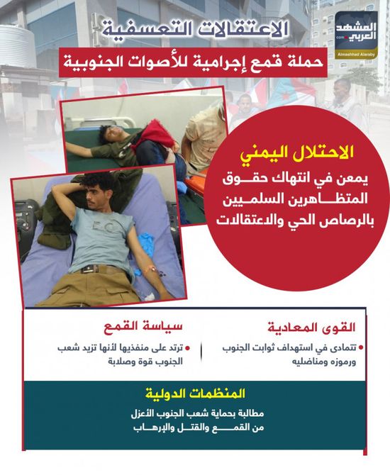 الاعتقالات التعسفية.. حملة قمع إجرامية للأصوات الجنوبية (إنفوجراف)