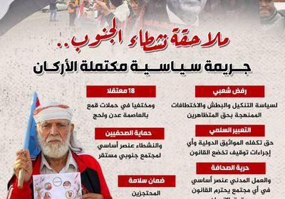 ملاحقة نشطاء الجنوب.. جريمة سياسية مكتملة الأركان (إنفوجراف)