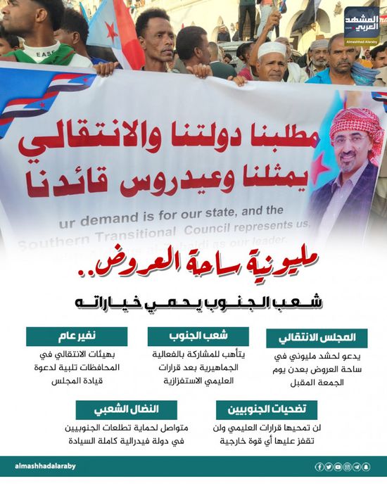 مليونية ساحة العروض.. شعب الجنوب يحمي خياراته (إنفوجراف)