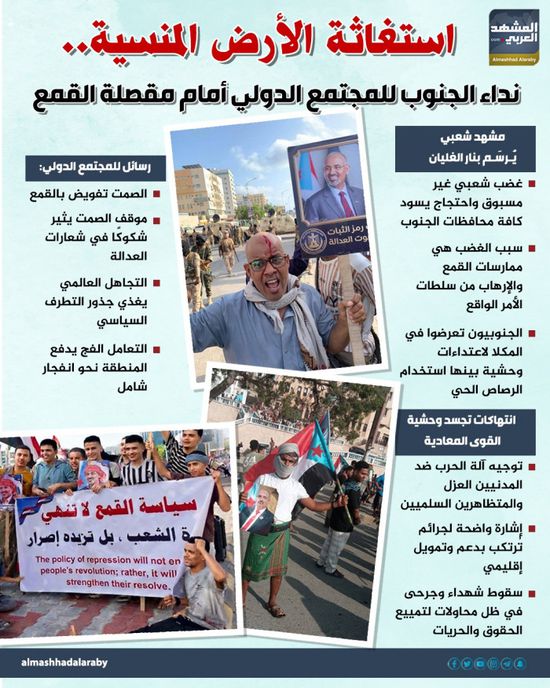 استغاثة الأرض المنسية.. نداء الجنوب للمجتمع الدولي أمام مقصلة القمع (إنفوجراف)