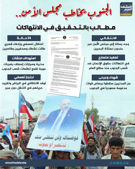 الجنوب يخاطب مجلس الأمن.. مطالب بالتحقيق في الانتهاكات (إنفوجراف)