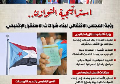 استراتيجية التوازن.. رؤية المجلس الانتقالي لبناء شراكات الاستقرار الإقليمي (إنفوجراف)