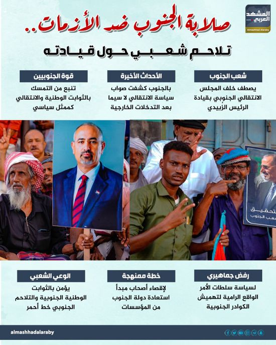 صلابة الجنوب ضد الأزمات.. تلاحم شعبي حول قيادته (إنفوجراف)