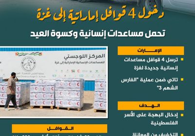 دخول 4 قوافل إماراتية إلى غزة تحمل مساعدات إنسانية وكسوة العيد (إنفوجراف)